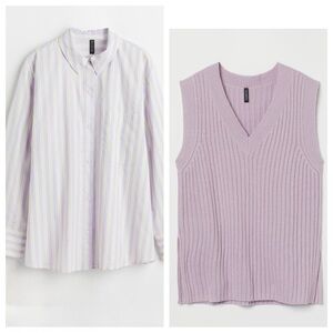 NWT H&M oversized poplin shirt light purple stripe and V-Neck Sweater Vest XL